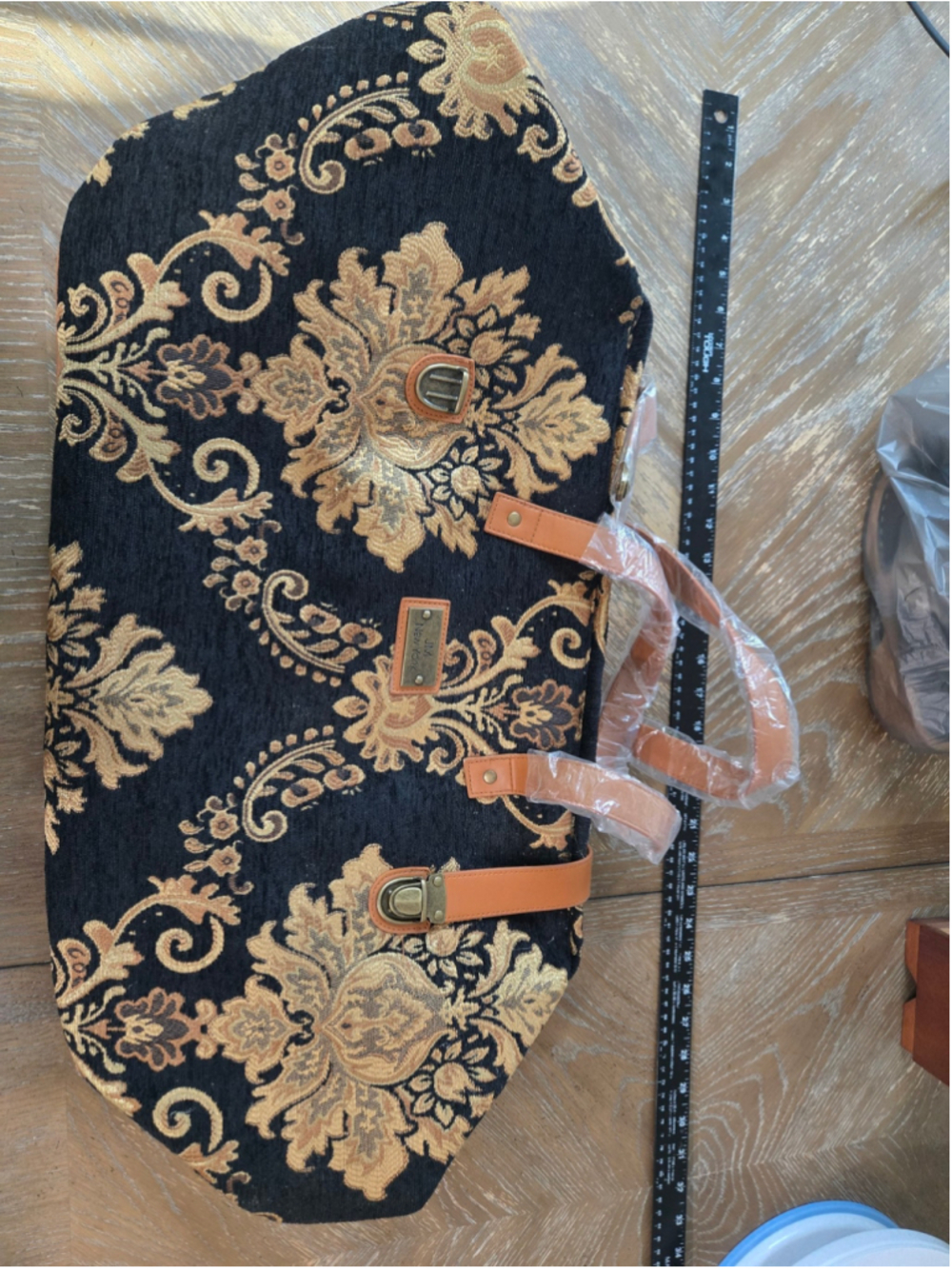 JM New York Regal Carpet Bag Black Gold Tapestry Travel Weekender Shoulder Bag
